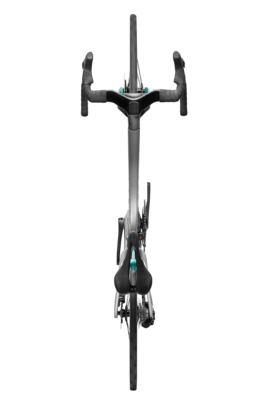 Road bike with drop handlebars and black frame with teal fork and accents
