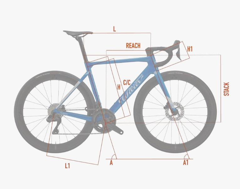 Blue road bike geometry diagram showing reach, stack, and size measurements