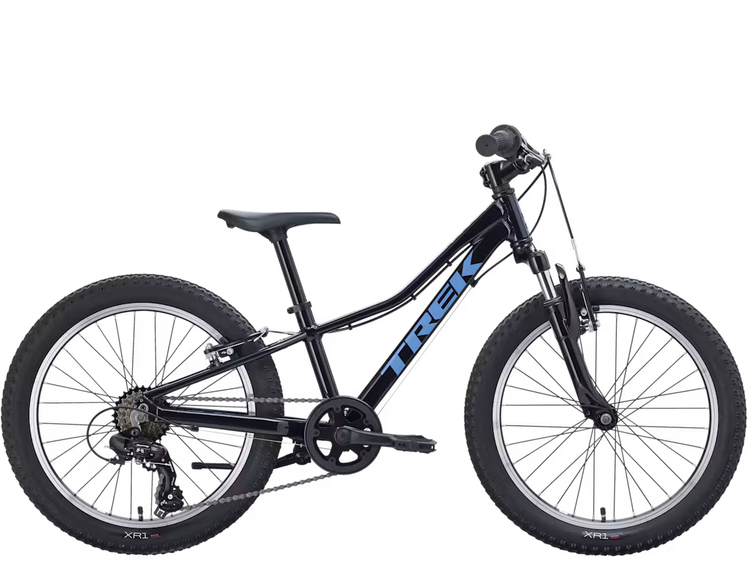 Kids 20" 7-speed bicycle with black frame, blue graphics, front suspension fork