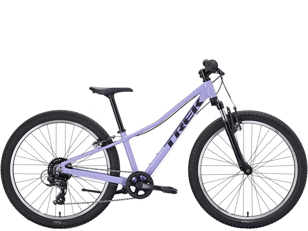 Kids 24-inch suspension bike with purple frame, front suspension fork, 8-speed drivetrain