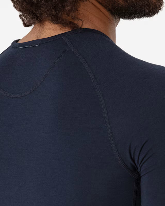 Men's merino short-sleeve base layer, dark navy back with crew neck and seam details