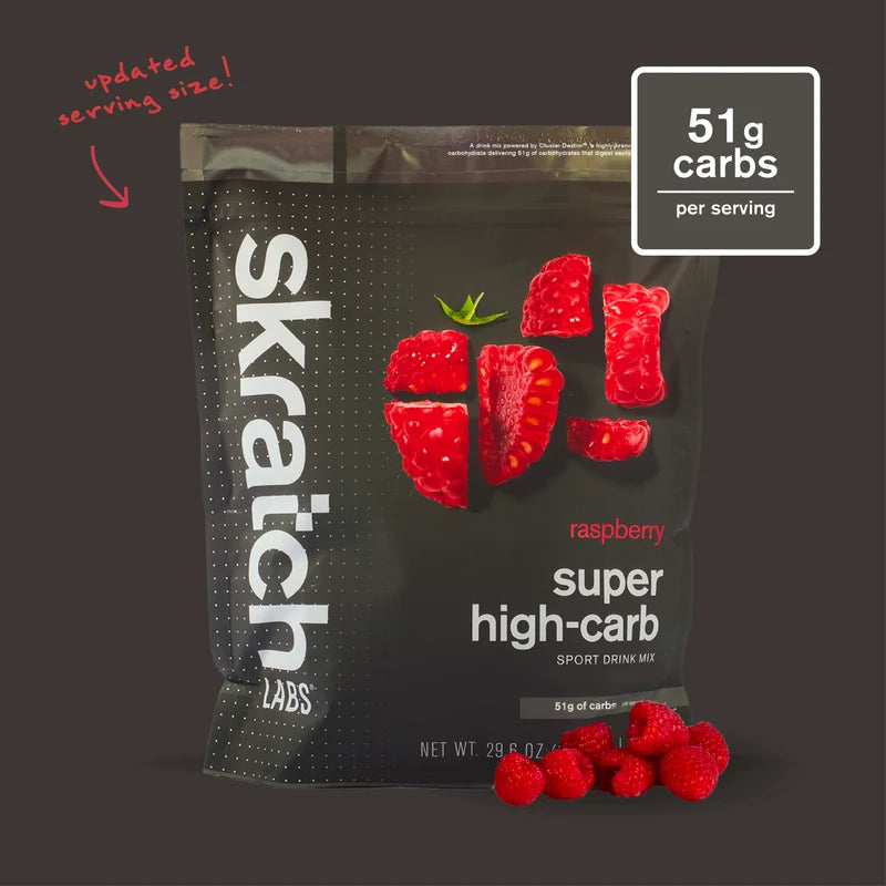Raspberry super high-carb sport drink mix pouch, 51g carbs per serving, with raspberries