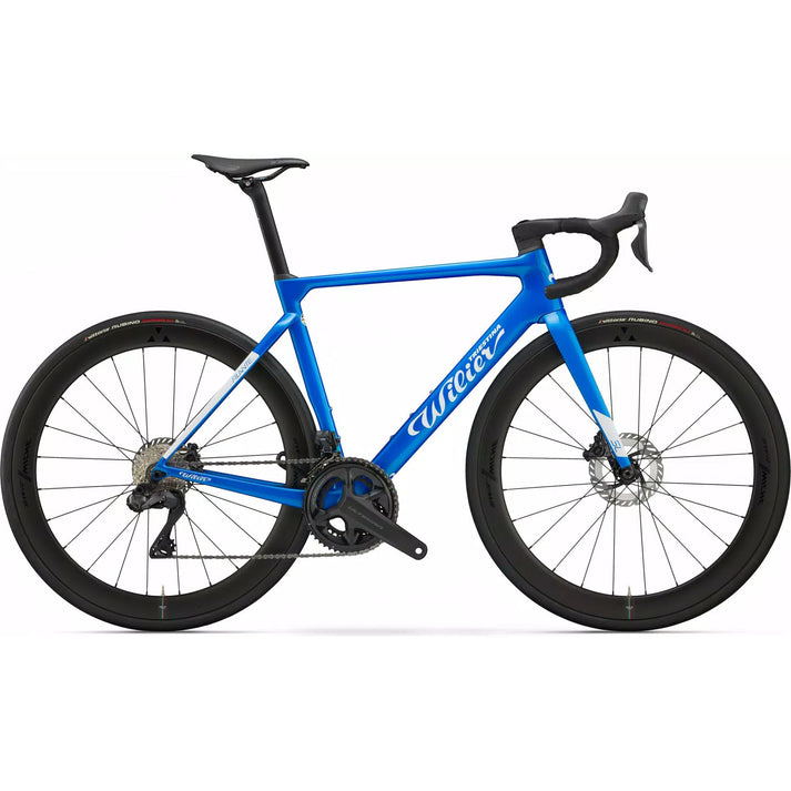 Blue road racing bicycle with black wheels and drop handlebars