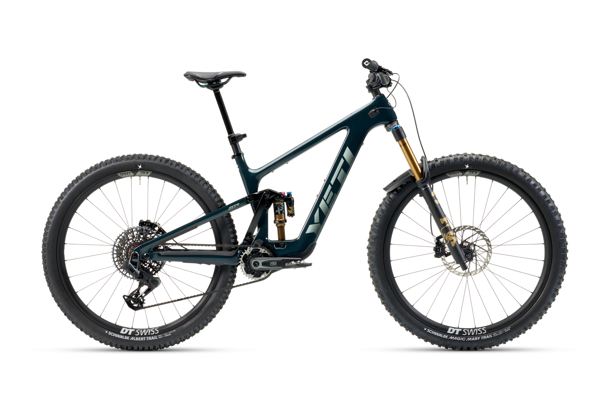Turquoise full-suspension electric mountain bike with wide tires and disc brake rotors