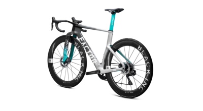 Road bike angled view with black wheels and teal accents on the fork and frame