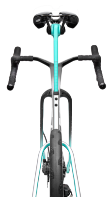 Road bike top view of handlebars, stem, and seat with teal vertical accents