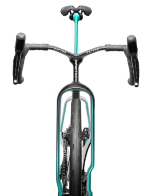 Road bike front view with black fork and frame, teal vertical stripe, and dark tires