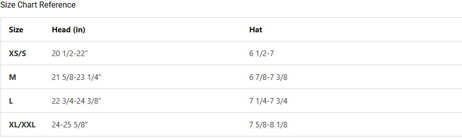 Helmet size chart reference table with head size measurements and hat sizes