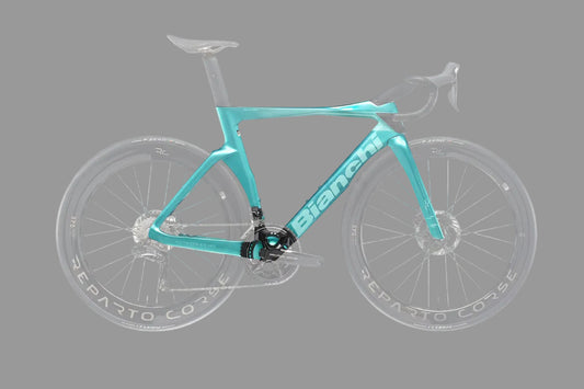 A Bianchi road bicycle with a vibrant turquoise frame, black handlebars, and gray carbon fiber wheels, shown against a solid white background.