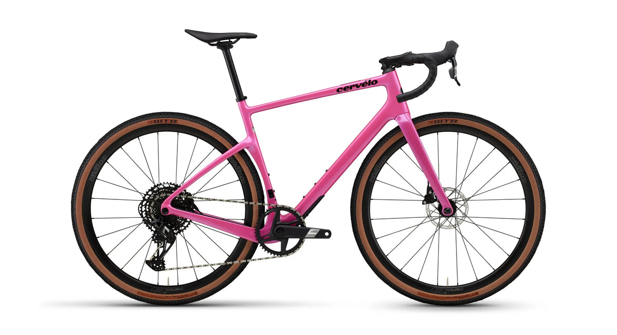 Cervélo Áspero Apex gravel bike with pink frame and tan-wall tires