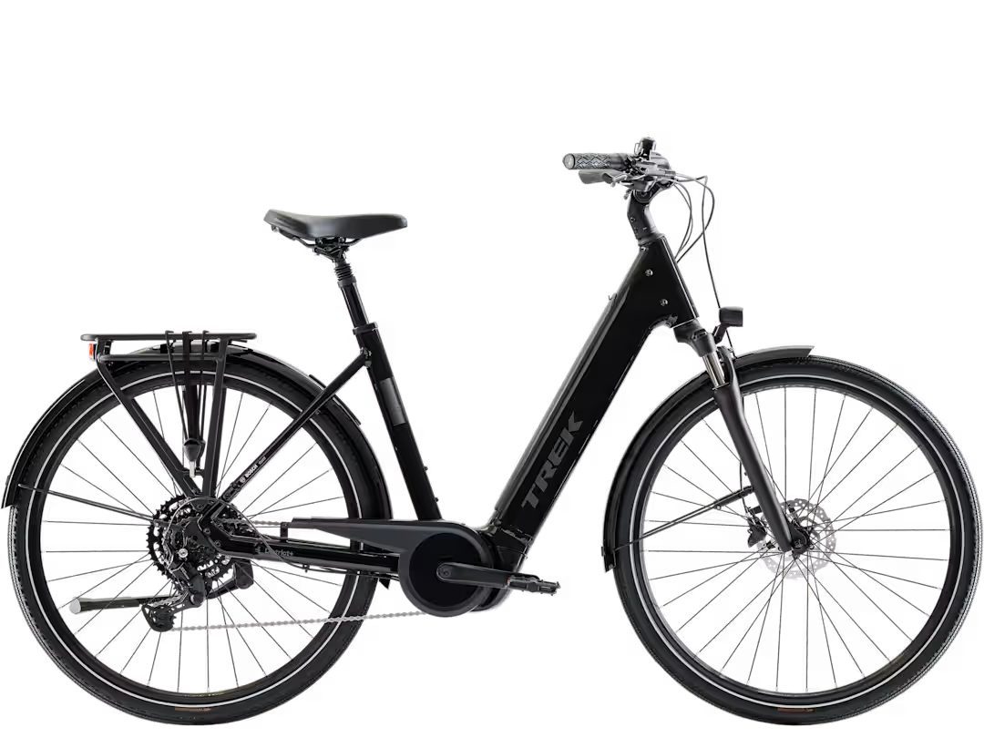 Black electric bicycle with front headlight and spoked wheels, full frame view