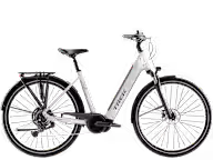 Light silver electric bicycle with spoked wheels and front suspension, side view