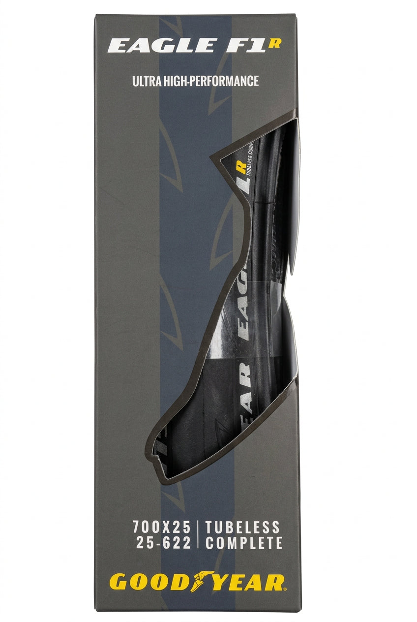 Goodyear Eagle F1 tubeless bicycle tire in its original retail packaging, featuring a black and gray design with the Goodyear brand logo.