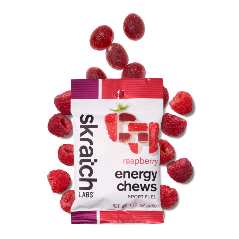 Raspberry energy chew pack with sport fuel pouch and fruit graphic