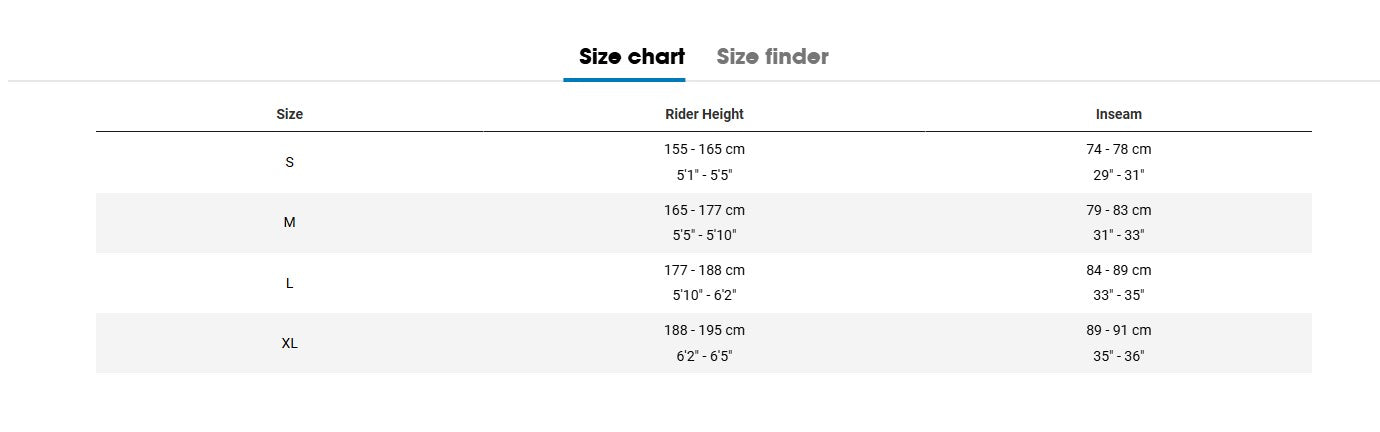 Size chart table with rider height and inseam ranges for bike sizes