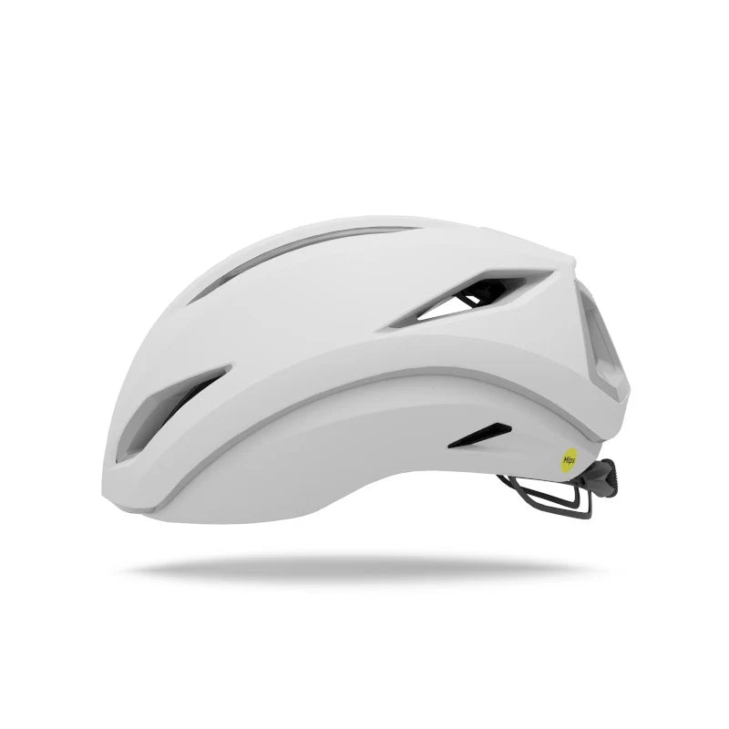 White Giro cycling helmet with aerodynamic shell, black vents, and chin strap