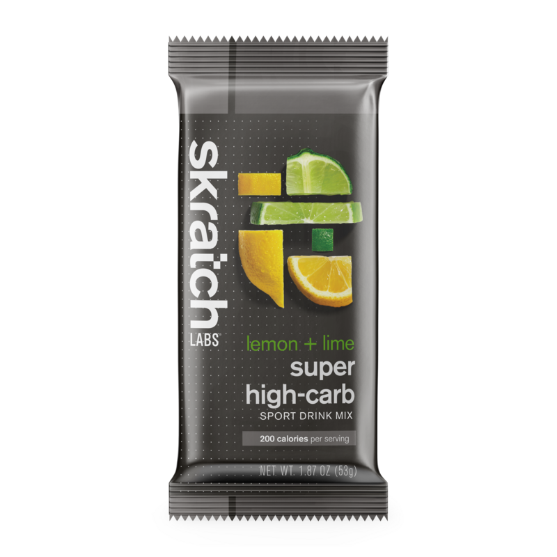 Super high-carb sport drink mix pouch with lemon and lime slices