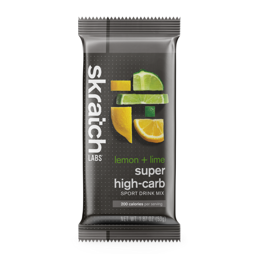 Super high-carb sport drink mix pouch with lemon and lime slices