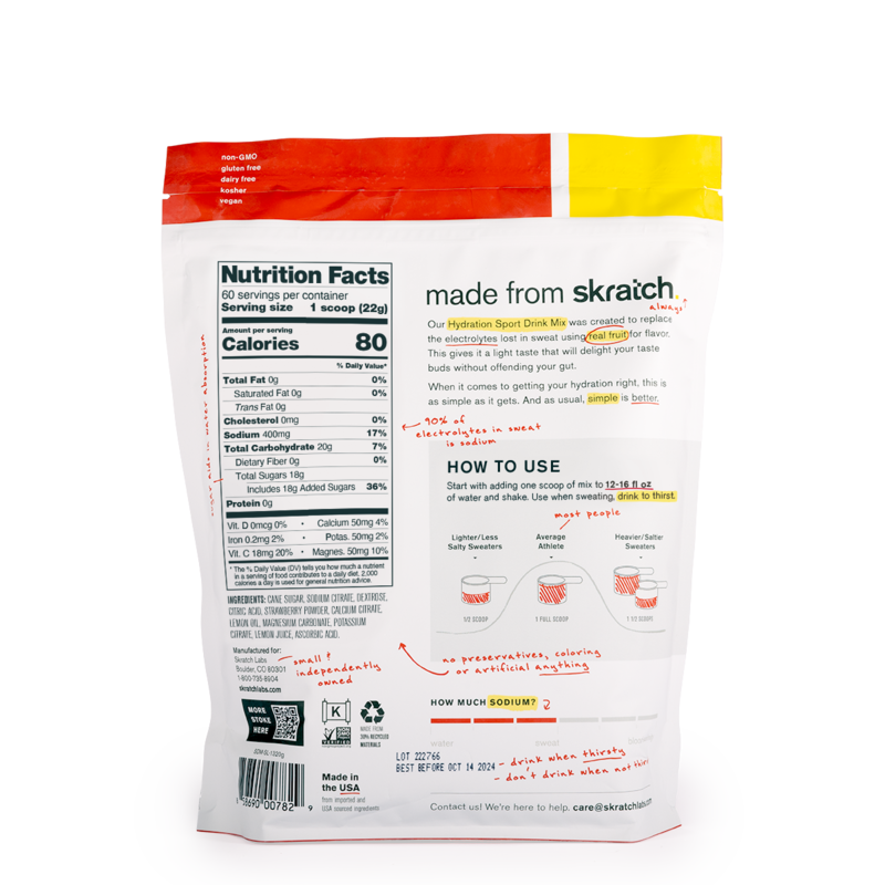 Skratch Labs hydration sports drink mix pouch back with ingredients and directions