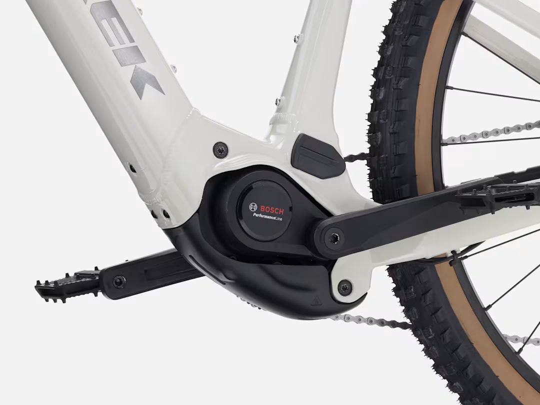 Buff beige e-bike frame with Bosch motor and chain guard detail