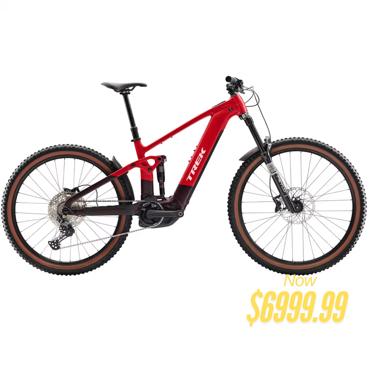 Red electric mountain bike side view with rear suspension and disc brakes