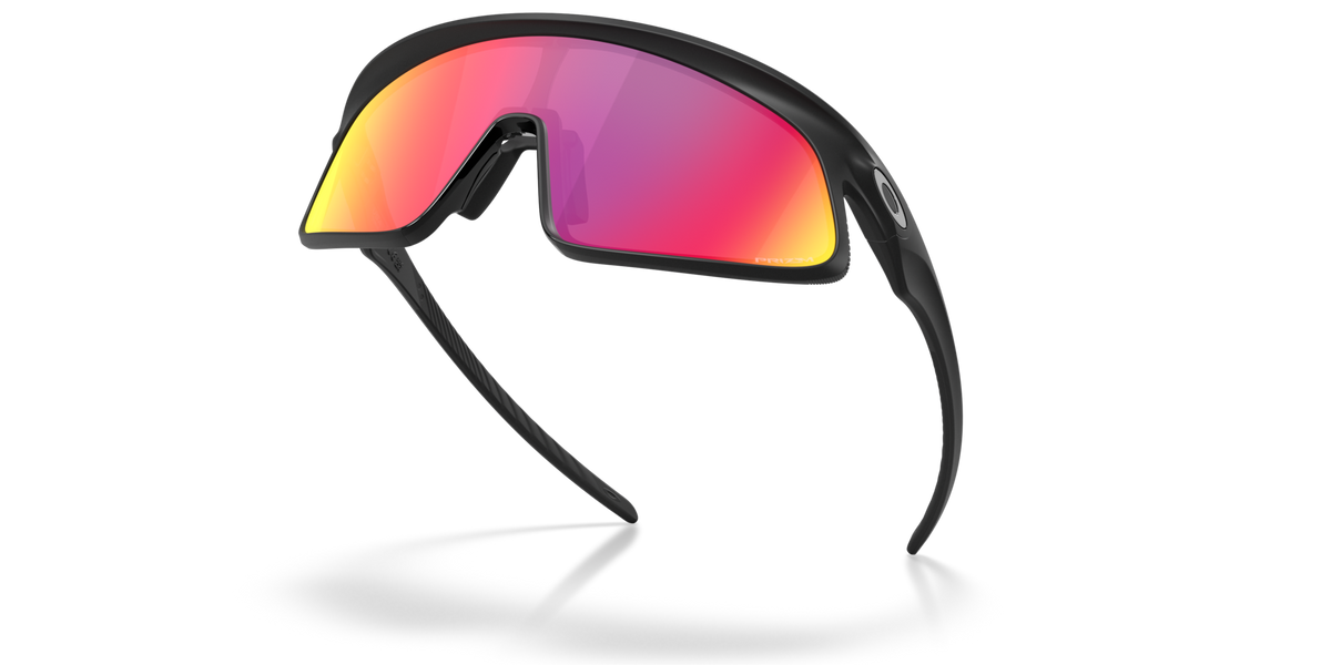 Matte black wraparound sunglasses with red-orange mirrored lens and curved temples