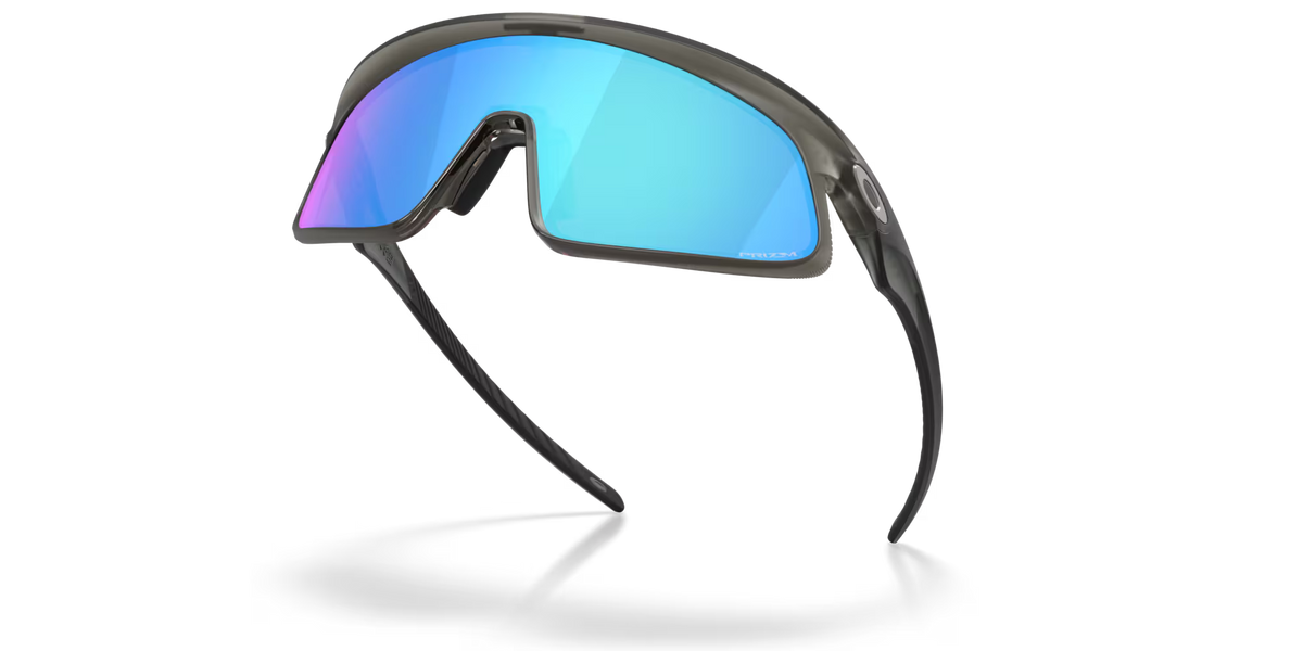 Matte black wraparound sunglasses with blue mirrored lens and curved temples