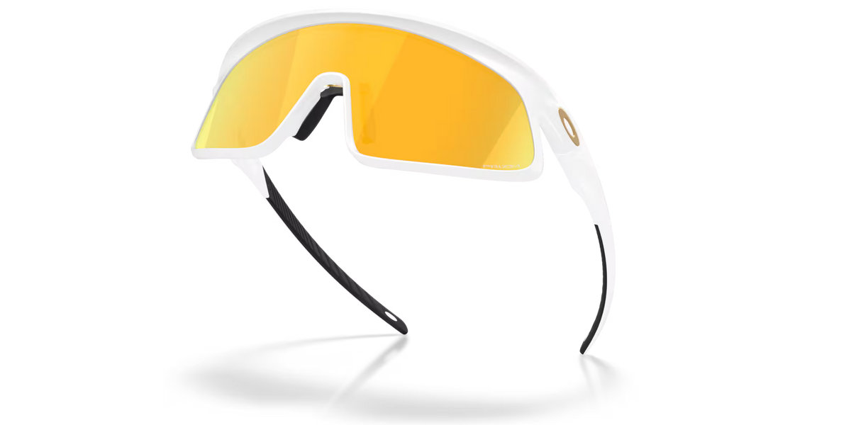 Matte white wraparound sunglasses with yellow mirrored lens and curved temples