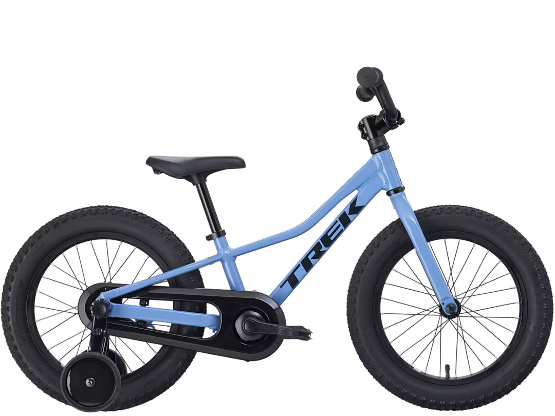Kids 16-inch bicycle with light blue frame, black saddle, and thick black tires