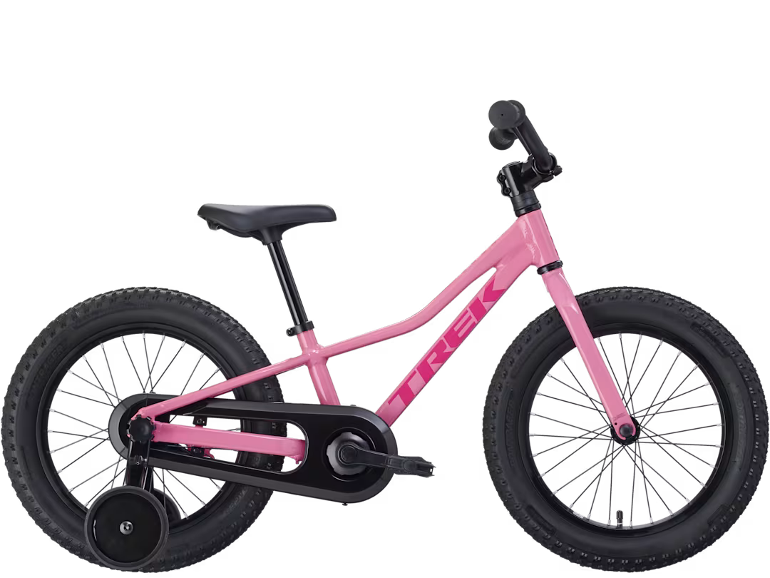 Kids 16-inch bicycle with pink frame, black saddle, and thick black tires