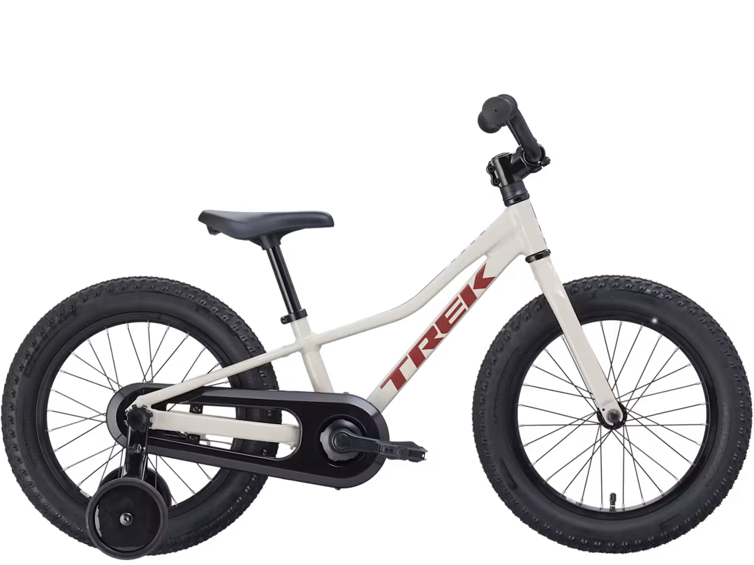 Kids bicycle with white frame, black handlebars, and black spoked wheels
