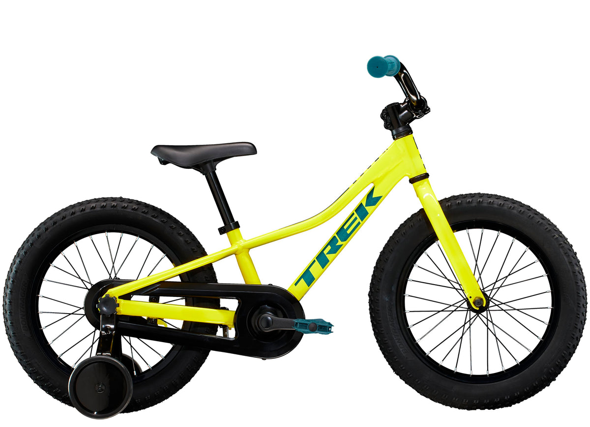 Kids 16-inch bicycle with yellow-green frame, black saddle, and thick black tires