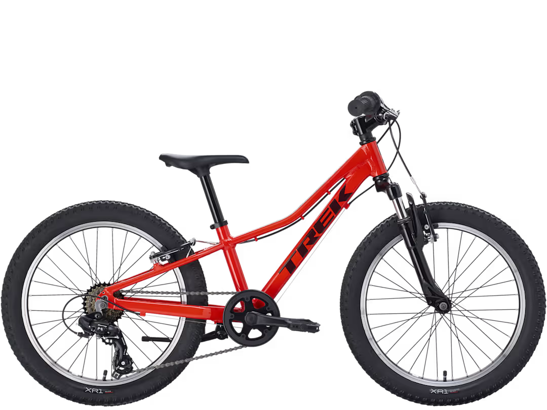 Kids 20" 7-speed bicycle with red frame, black components, front suspension fork