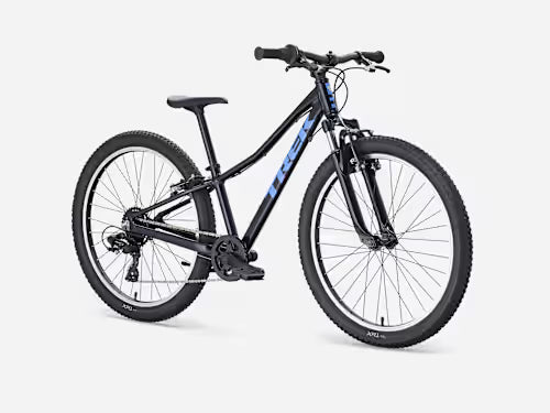 Kids 24-inch suspension bike with black frame, front suspension fork, 8-speed drivetrain