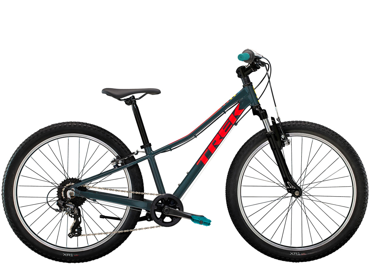 Kids 24-inch suspension bike with dark blue frame, front suspension fork, 8-speed drivetrain
