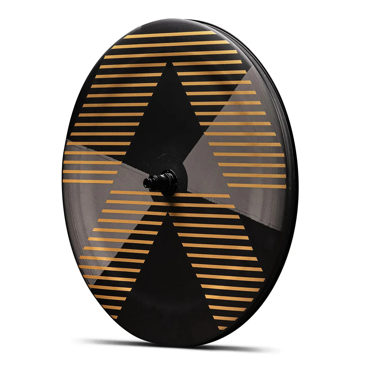 Black bicycle rear disc wheel with gold horizontal stripe pattern and hub detail