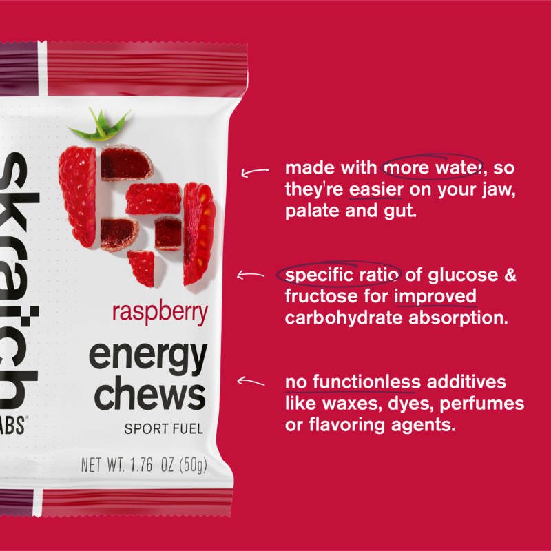 Raspberry energy chew pouch with label text and net weight, sport fuel