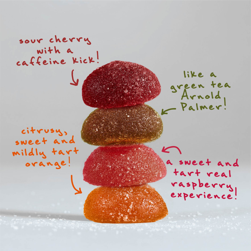 Mixed flavor gummy chews stack illustration: sour cherry, citrus, green tea