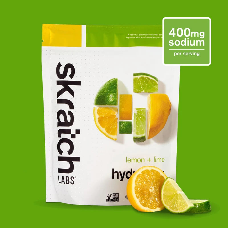 Skratch Labs hydration sports drink mix pouch, lemon + lime, 400mg sodium label