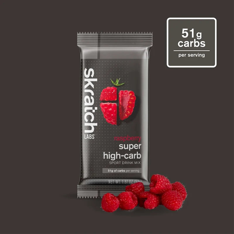 Raspberry super high-carb sport drink mix pouch, 51g carbs per serving, front view