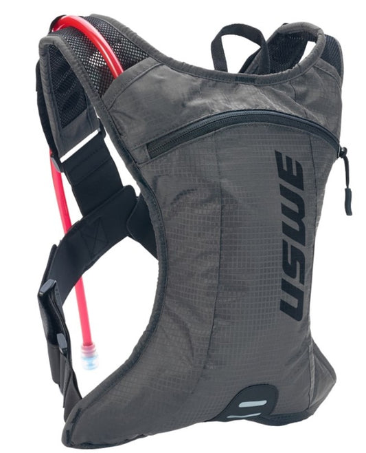 Gray hydration backpack with black straps and front pocket, USWE logo