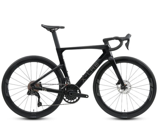 Black road bike with drop handlebars, curved frame, and front wheel