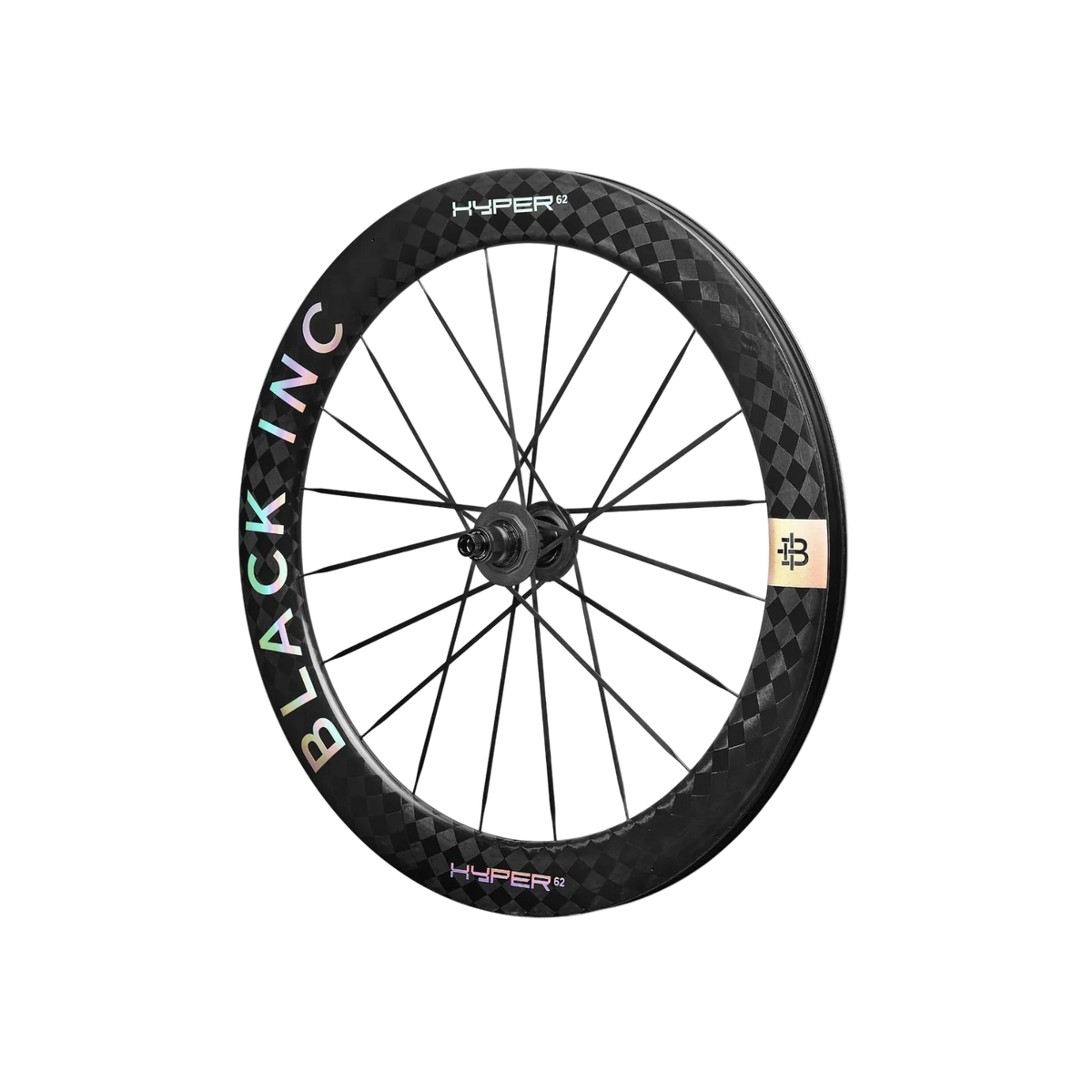 Carbon road wheel with black checkered rim and aero spokes