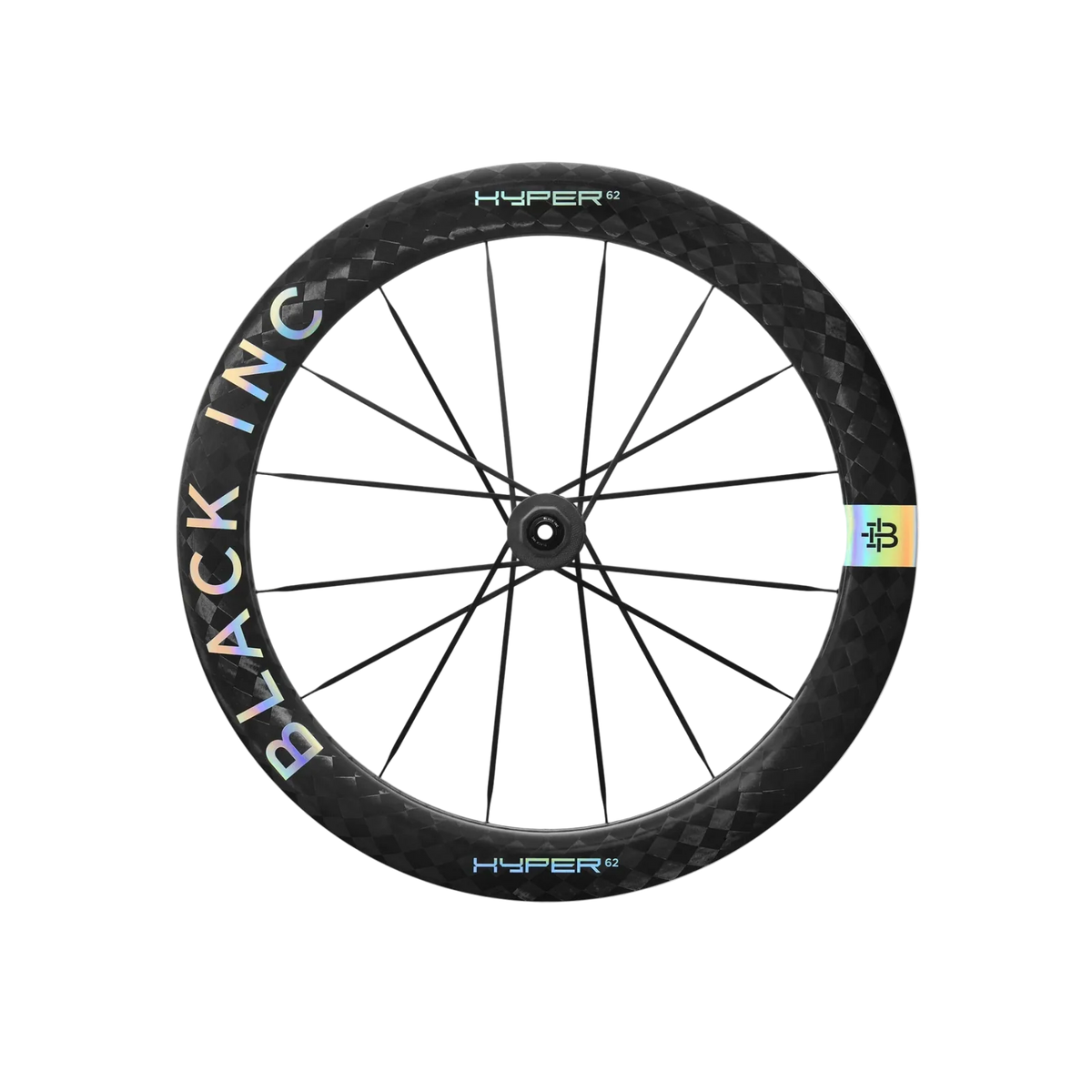 Carbon road wheel with black checkered rim; hub side shows colored label