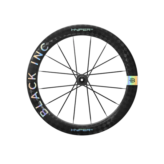 Carbon road wheel with black checkered rim; hub side shows colored label